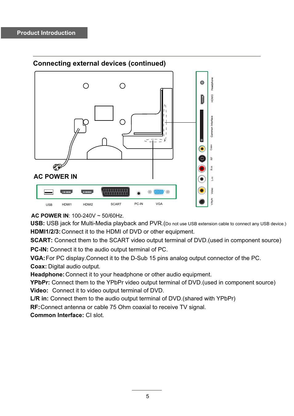 Connecting external devices (continued), Ac power in, Product introduction | Lenco DVL-2690 User Manual | Page 8 / 38
