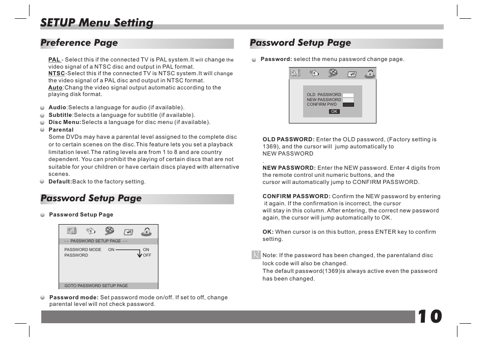 页 11, Setup menu setting, Password setup page | Preference page | Lenco DVP-7 Snoopy Commics User Manual | Page 11 / 60