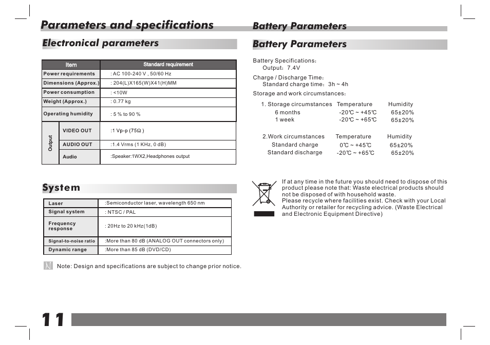 页 12, Parameters and specifications, Electronical parameters system | Battery parameters | Lenco DVP-7 Snoopy Commics User Manual | Page 12 / 60