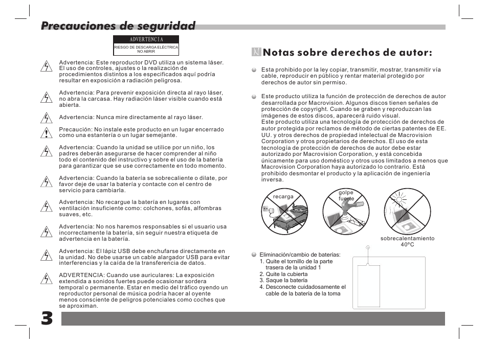 Precauciones de seguridad, Notas sobre derechos de autor | Lenco DVP-7 Snoopy Commics User Manual | Page 16 / 60