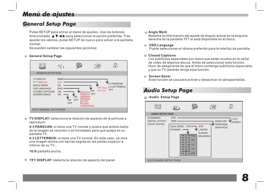 Menú de ajustes, Audio setup page, General setup page | Lenco DVP-7 Snoopy Commics User Manual | Page 21 / 60