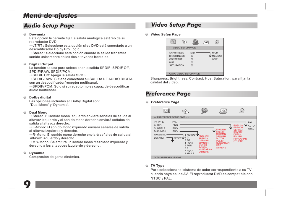 页 10, Menú de ajustes, Video setup page | Audio setup page, Preference page | Lenco DVP-7 Snoopy Commics User Manual | Page 22 / 60