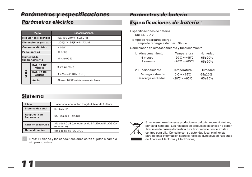 页 12, Parámetros y especificaciones, Parámetros eléctrico sistema | Parámetros de batería, Especificaciones de batería | Lenco DVP-7 Snoopy Commics User Manual | Page 24 / 60
