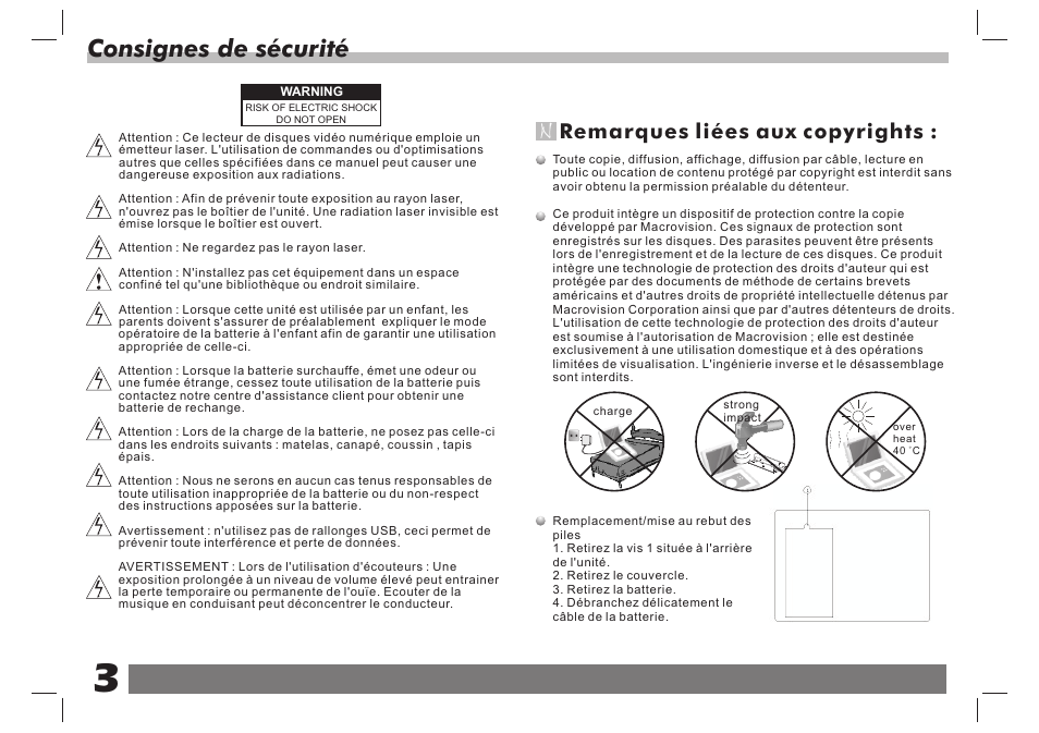Consignes de sécurité, Remarques liées aux copyrights | Lenco DVP-7 Snoopy Commics User Manual | Page 28 / 60