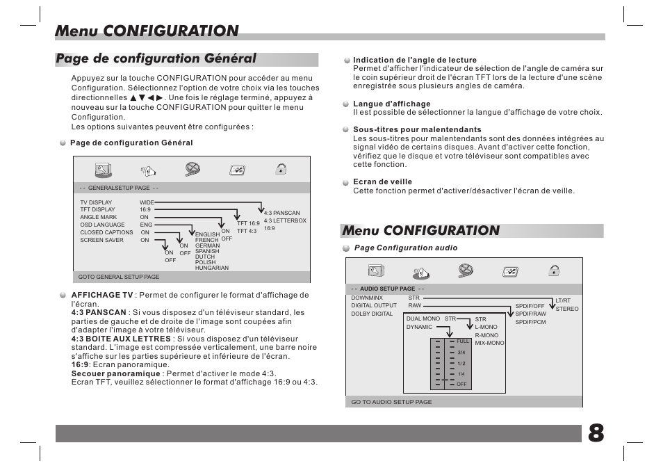 Menu configuration, Page de configuration général | Lenco DVP-7 Snoopy Commics User Manual | Page 33 / 60