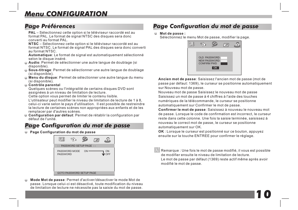 页 11, Menu configuration, Page configuration du mot de passe | Lenco DVP-7 Snoopy Commics User Manual | Page 35 / 60
