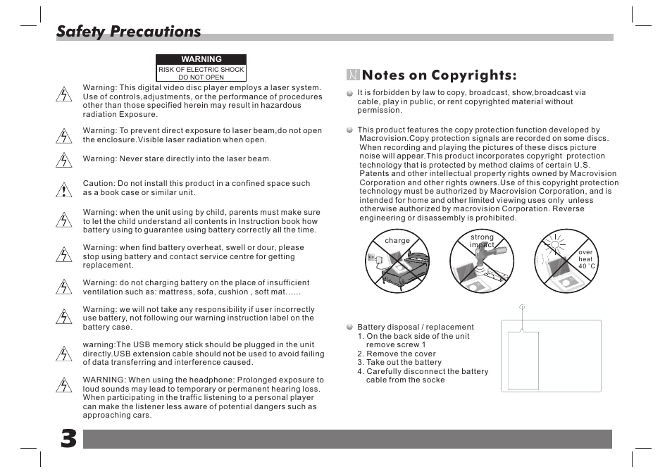 Safety precautions | Lenco DVP-7 Snoopy Commics User Manual | Page 4 / 60