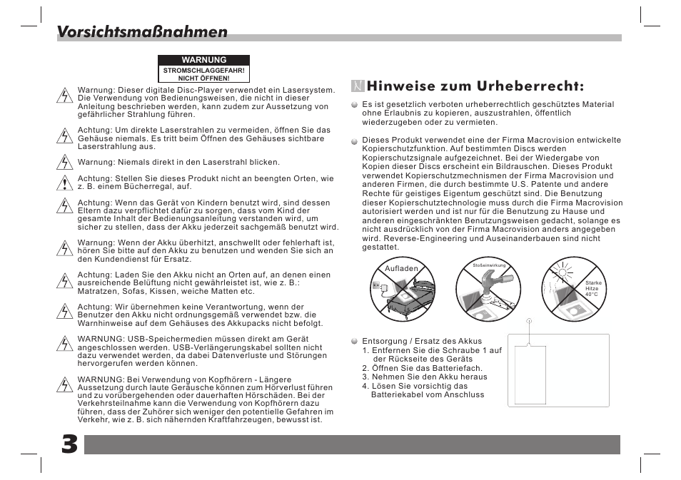 Vorsichtsmaßnahmen, Hinweise zum urheberrecht | Lenco DVP-7 Snoopy Commics User Manual | Page 40 / 60