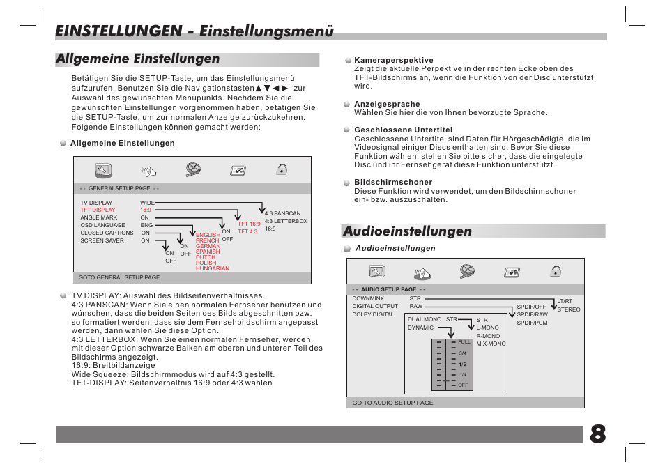 Einstellungen - einstellungsmenü, Audioeinstellungen, Allgemeine einstellungen | Lenco DVP-7 Snoopy Commics User Manual | Page 45 / 60