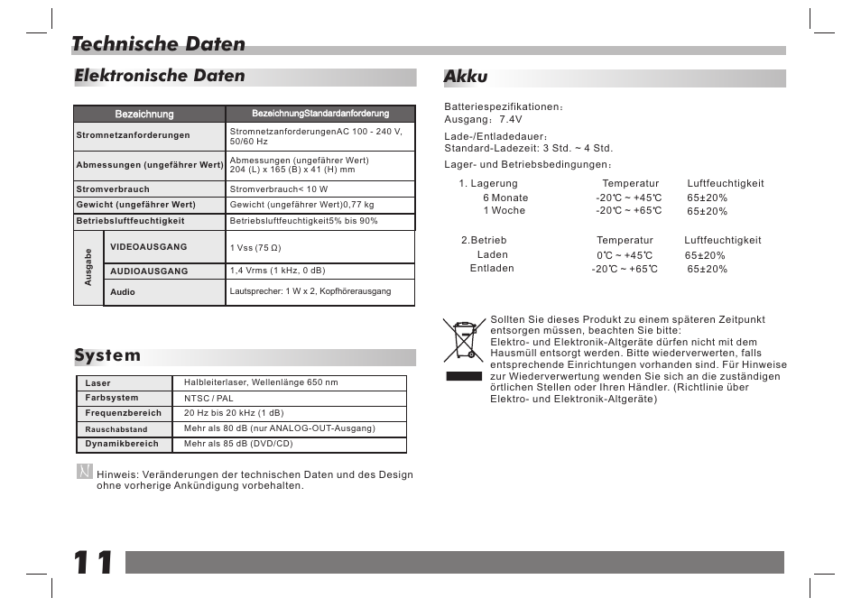 页 12, Technische daten, Elektronische daten system | Akku | Lenco DVP-7 Snoopy Commics User Manual | Page 48 / 60