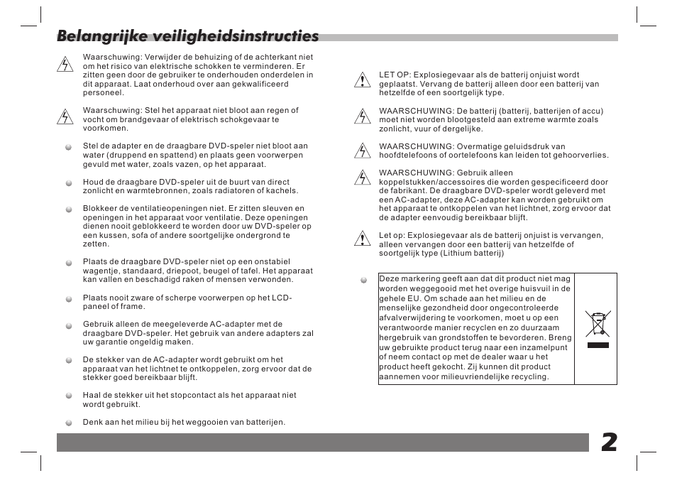 Belangrijke veiligheidsinstructies | Lenco DVP-7 Snoopy Commics User Manual | Page 51 / 60