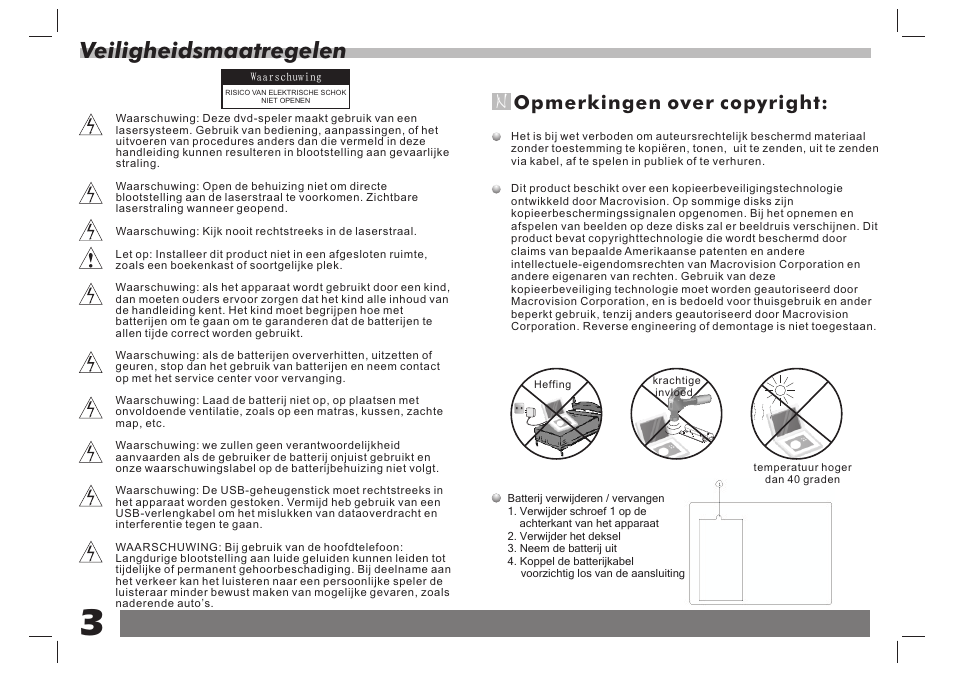 Veiligheidsmaatregelen, Opmerkingen over copyright | Lenco DVP-7 Snoopy Commics User Manual | Page 52 / 60