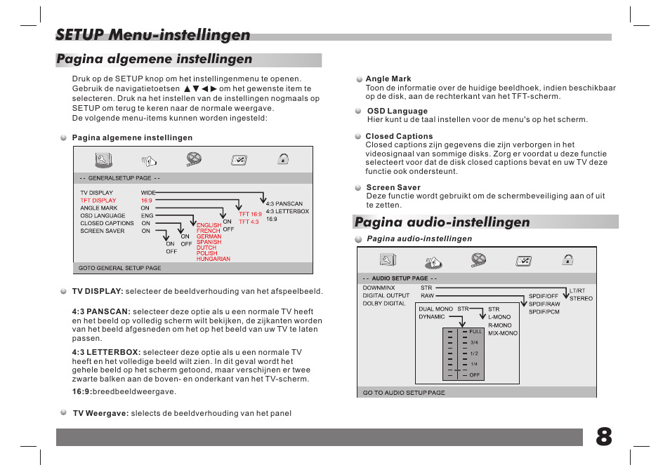 Setup menu-instellingen, Pagina audio-instellingen, Pagina algemene instellingen | Lenco DVP-7 Snoopy Commics User Manual | Page 57 / 60