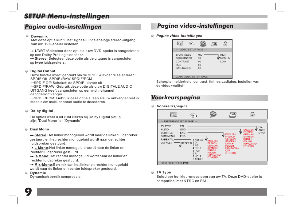 页 10, Setup menu-instellingen, Pagina video-instellingen | Pagina audio-instellingen, Voorkeurspagina | Lenco DVP-7 Snoopy Commics User Manual | Page 58 / 60