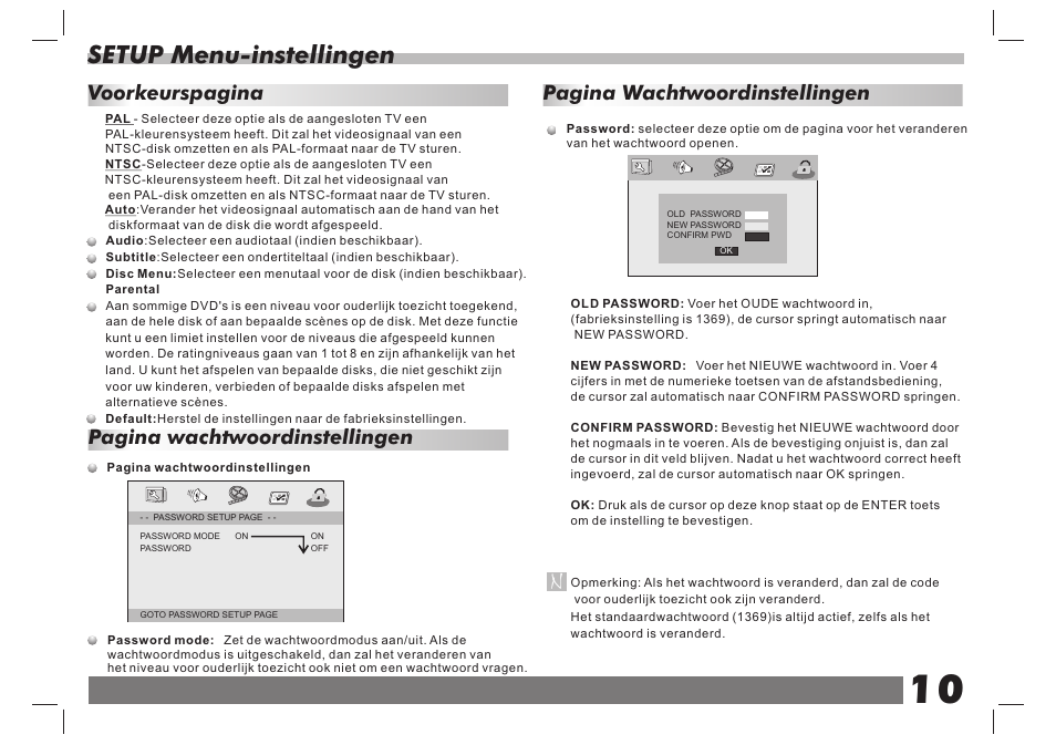 页 11, Setup menu-instellingen, Pagina wachtwoordinstellingen | Voorkeurspagina | Lenco DVP-7 Snoopy Commics User Manual | Page 59 / 60