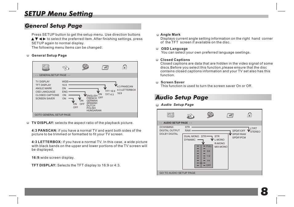 Setup menu setting, Audio setup page, General setup page | Lenco DVP-7 Snoopy Commics User Manual | Page 9 / 60