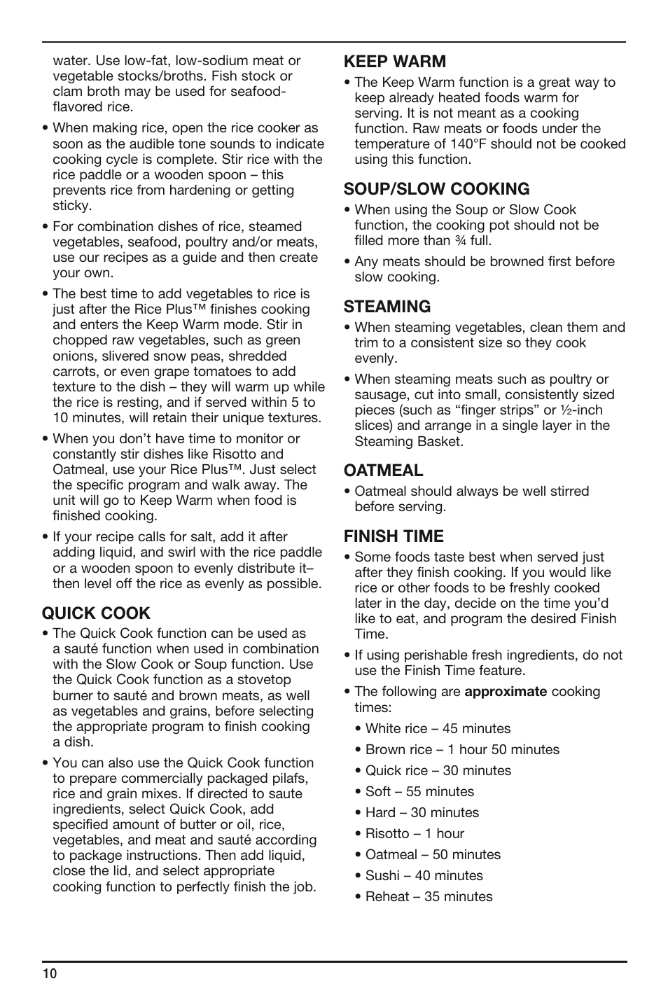 Quick cook, Keep warm, Soup/slow cooking | Steaming, Oatmeal, Finish time | Cuisinart FRC-800 User Manual | Page 10 / 40