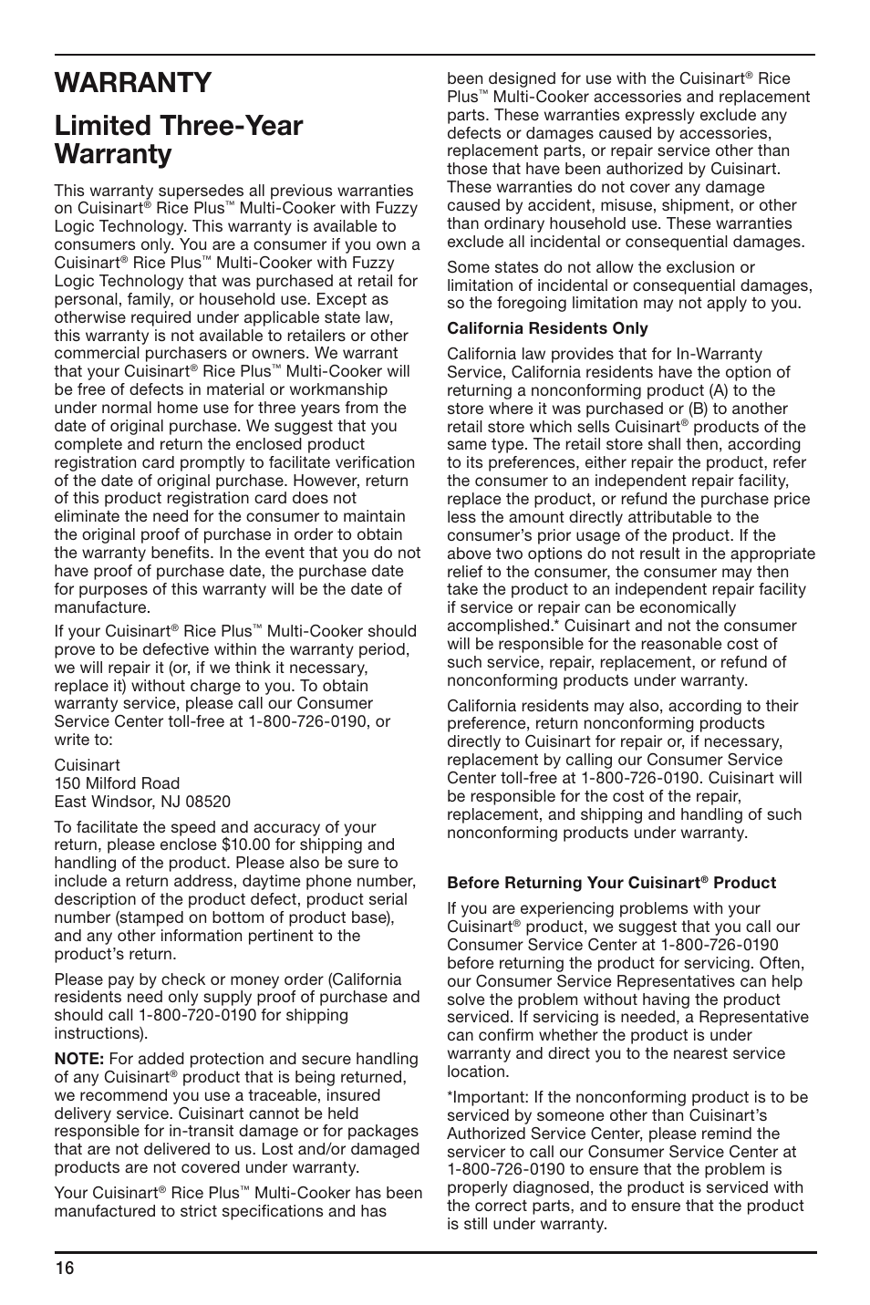 Warranty limited three-year warranty | Cuisinart FRC-800 User Manual | Page 16 / 40
