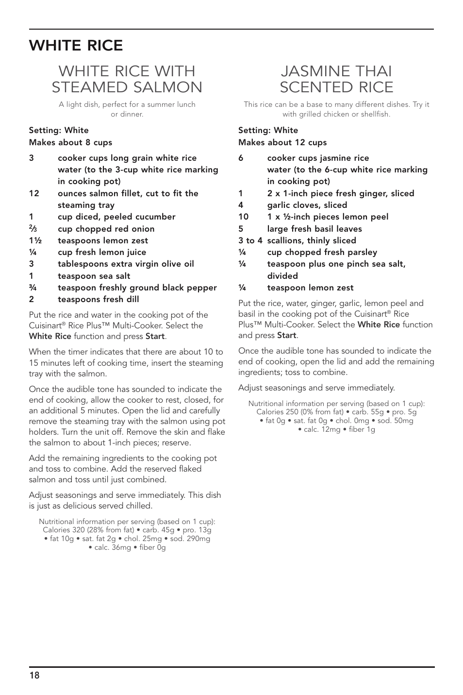 White rice white rice with steamed salmon, Jasmine thai scented rice | Cuisinart FRC-800 User Manual | Page 18 / 40