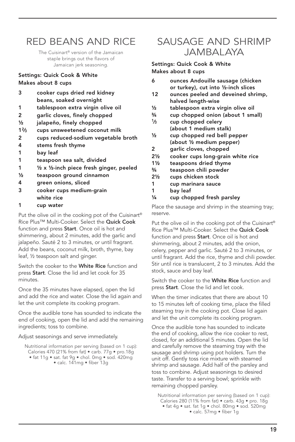 Red beans and rice, Sausage and shrimp jambalaya | Cuisinart FRC-800 User Manual | Page 19 / 40