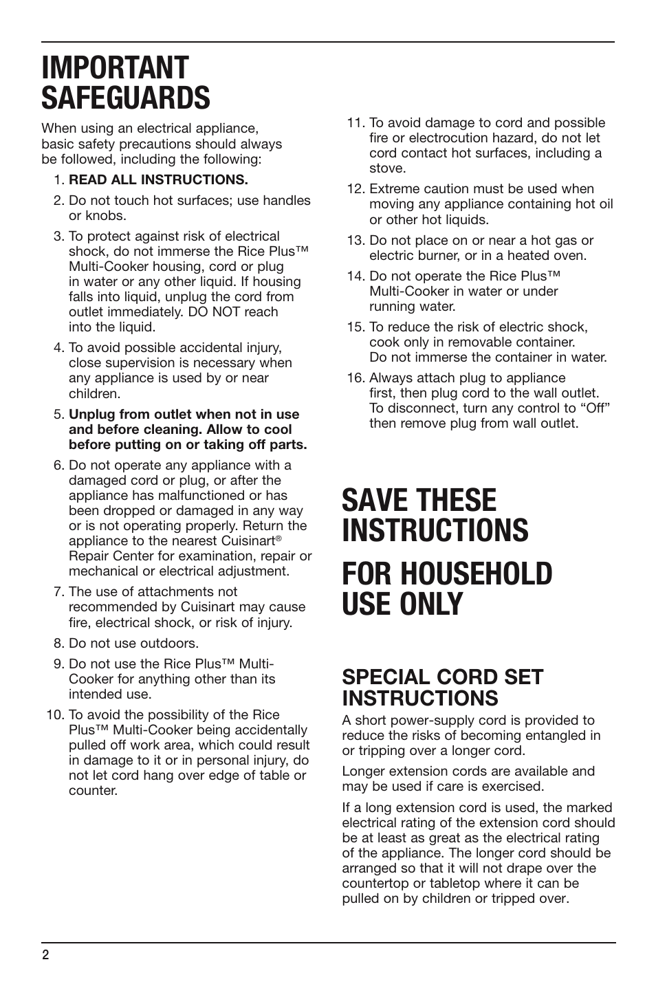 Important safeguards, Save these instructions for household use only, Special cord set instructions | Cuisinart FRC-800 User Manual | Page 2 / 40