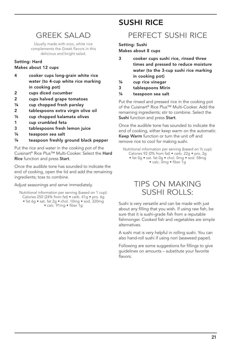 Greek salad, Sushi rice perfect sushi rice, Tips on making sushi rolls | Cuisinart FRC-800 User Manual | Page 21 / 40