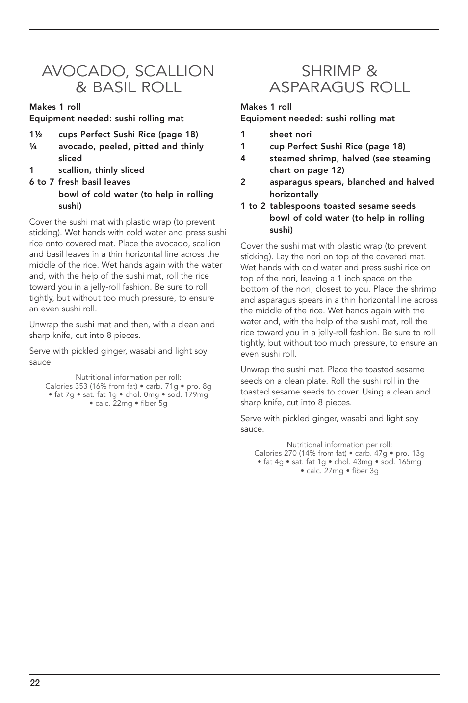 Avocado, scallion & basil roll, Shrimp & asparagus roll | Cuisinart FRC-800 User Manual | Page 22 / 40