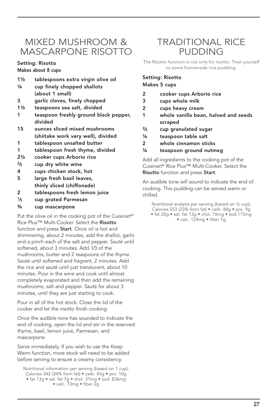Mixed mushroom & mascarpone risotto, Traditional rice pudding | Cuisinart FRC-800 User Manual | Page 27 / 40