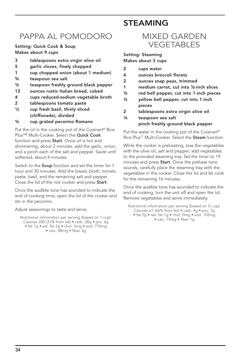 Pappa al pomodoro, Steaming mixed garden vegetables | Cuisinart FRC-800 User Manual | Page 34 / 40