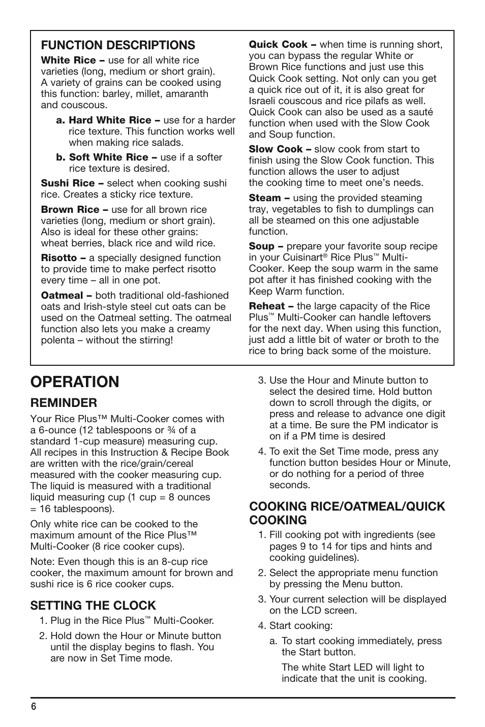 Operation, Reminder, Setting the clock | Cooking rice/oatmeal/quick cooking, Function descriptions | Cuisinart FRC-800 User Manual | Page 6 / 40