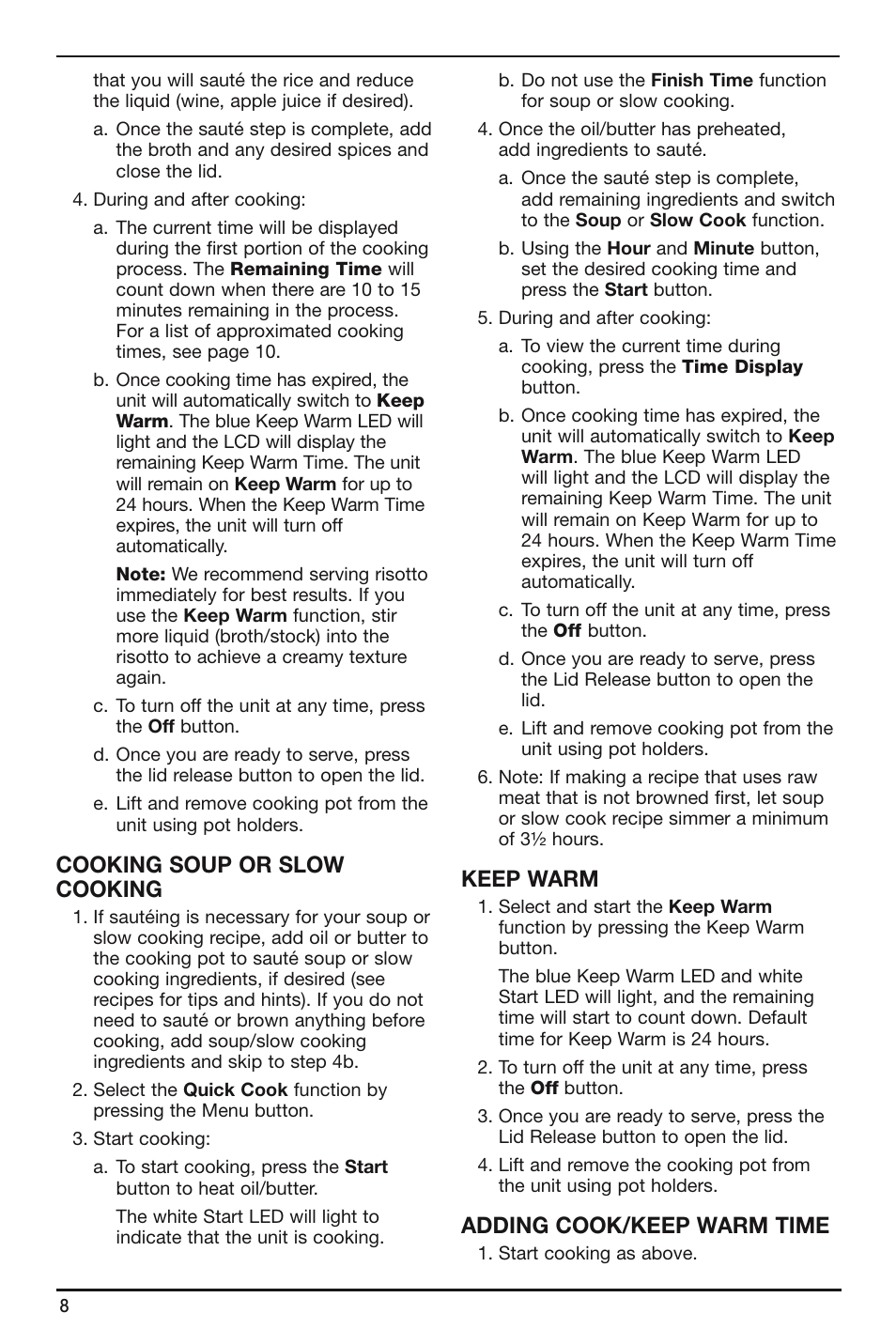 Cooking soup or slow cooking, Keep warm, Adding cook/keep warm time | Cuisinart FRC-800 User Manual | Page 8 / 40