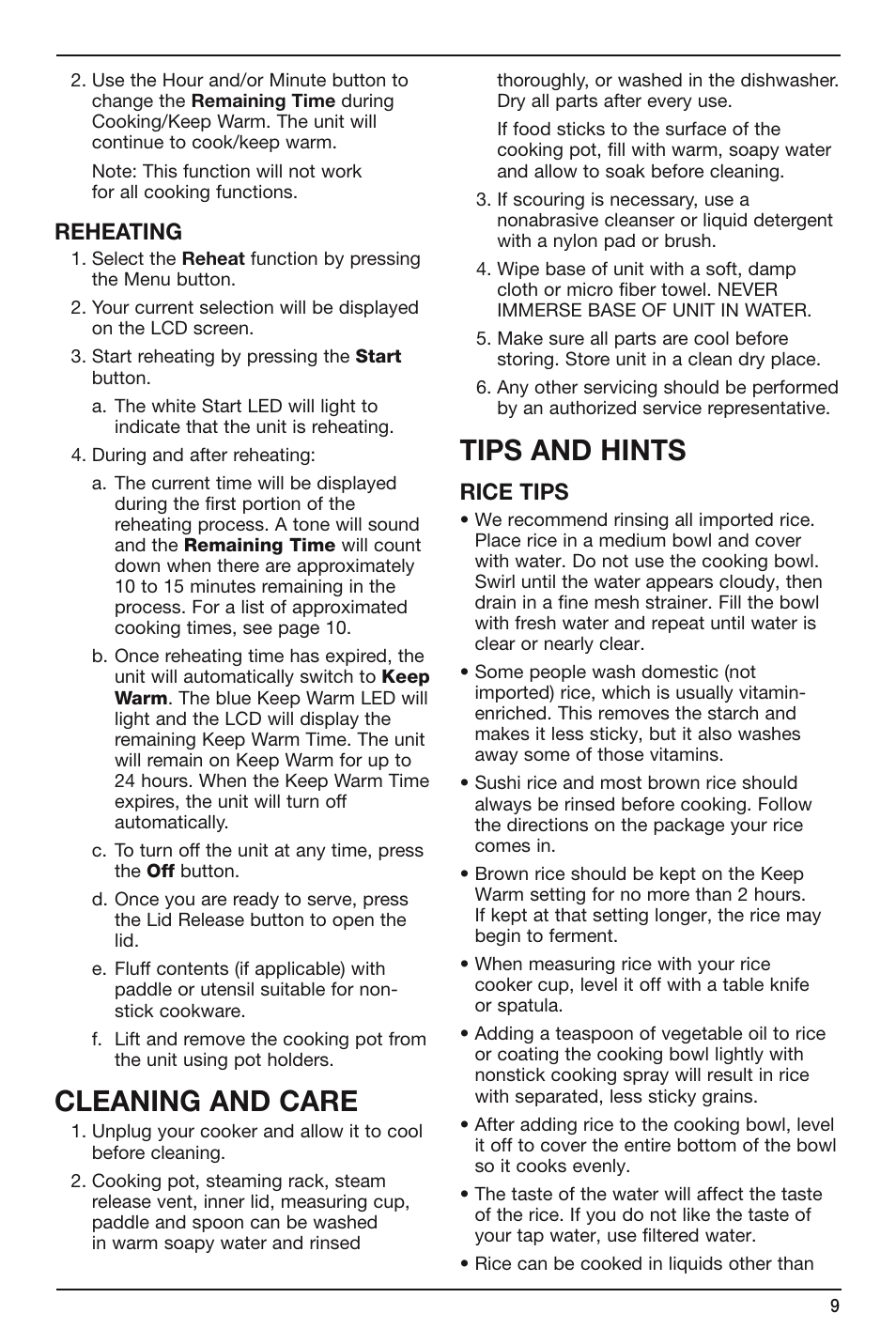 Cleaning and care, Tips and hints, Reheating | Rice tips | Cuisinart FRC-800 User Manual | Page 9 / 40