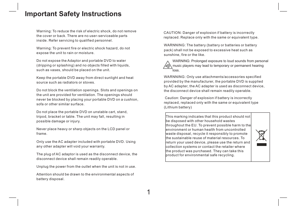 Important safety instructions | Lenco DVP-734 User Manual | Page 2 / 10