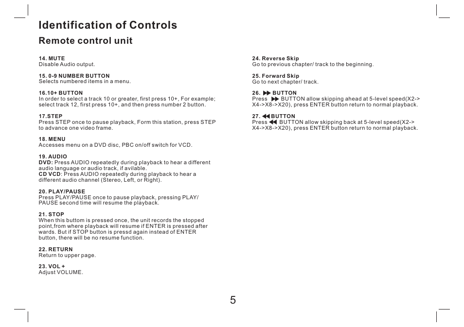 Identification of controls, Remote control unit | Lenco DVP-734 User Manual | Page 6 / 10