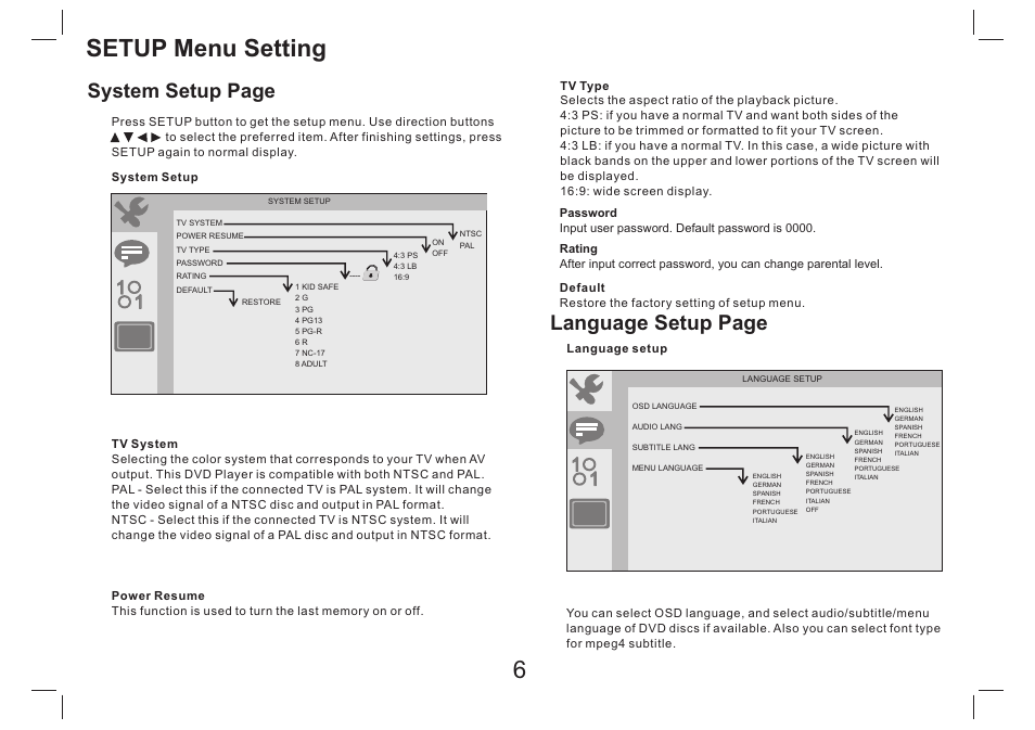Setup menu setting, Language setup page, System setup page | Lenco DVP-734 User Manual | Page 7 / 10