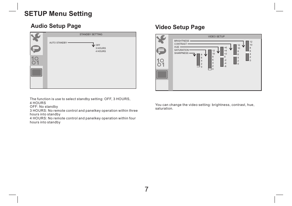 Setup menu setting, Video setup page, Audio setup page | Lenco DVP-734 User Manual | Page 8 / 10