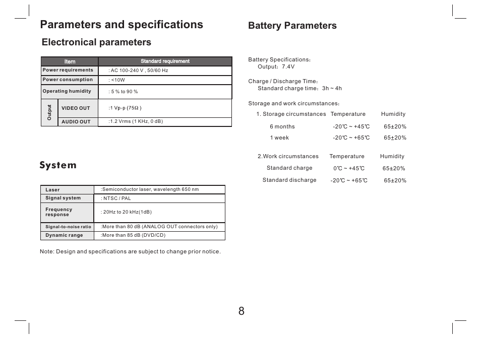 Parameters and specifications, Electronical parameters, System | Battery parameters | Lenco DVP-734 User Manual | Page 9 / 10