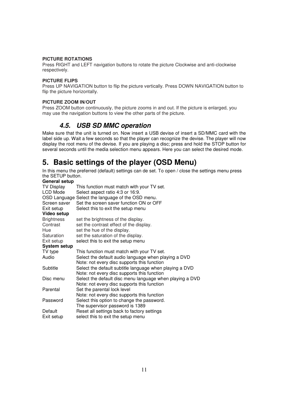 Basic settings of the player (osd menu), Usb sd mmc operation | Lenco DVP-735 User Manual | Page 11 / 13