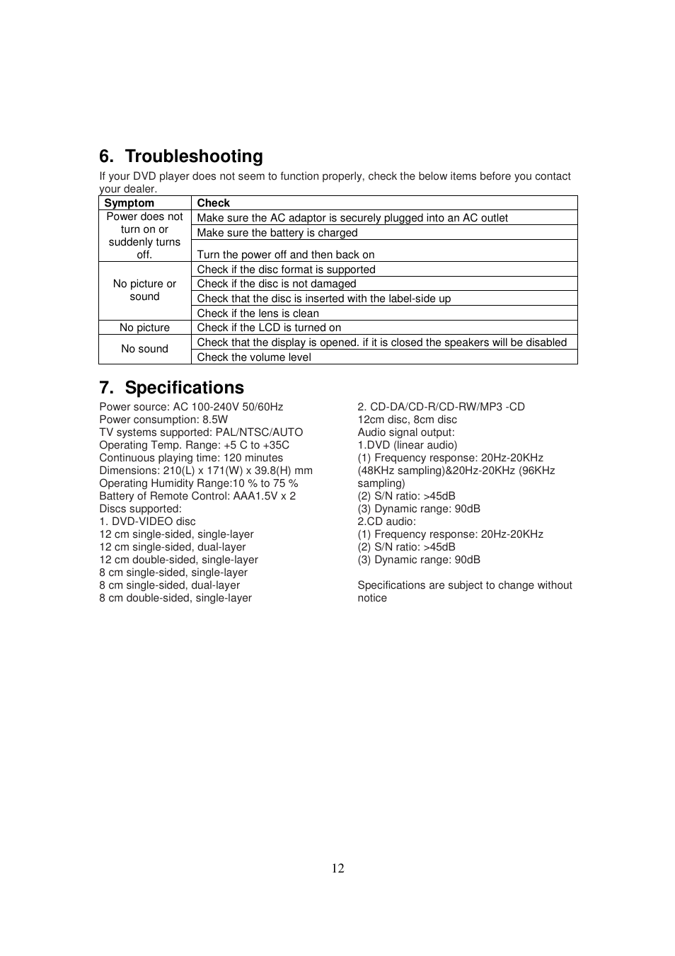 Troubleshooting, Specifications | Lenco DVP-735 User Manual | Page 12 / 13