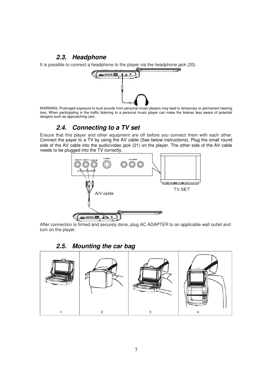 Headphone, Connecting to a tv set, Mounting the car bag | Lenco DVP-735 User Manual | Page 7 / 13