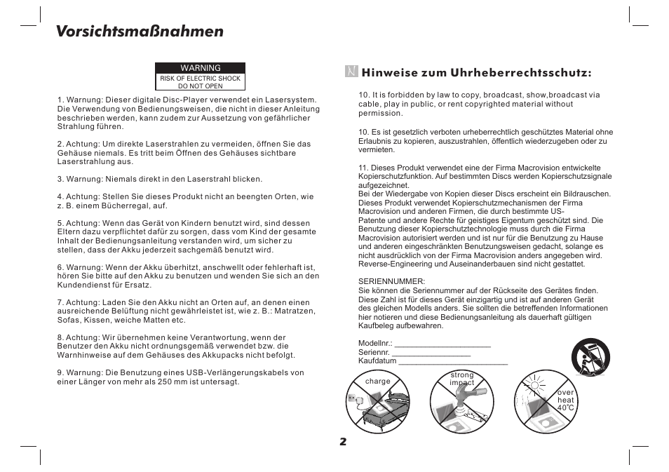 Vorsichtsmaßnahmen, Hinweise zum uhrheberrechtsschutz | Lenco DVP-737 User Manual | Page 12 / 45