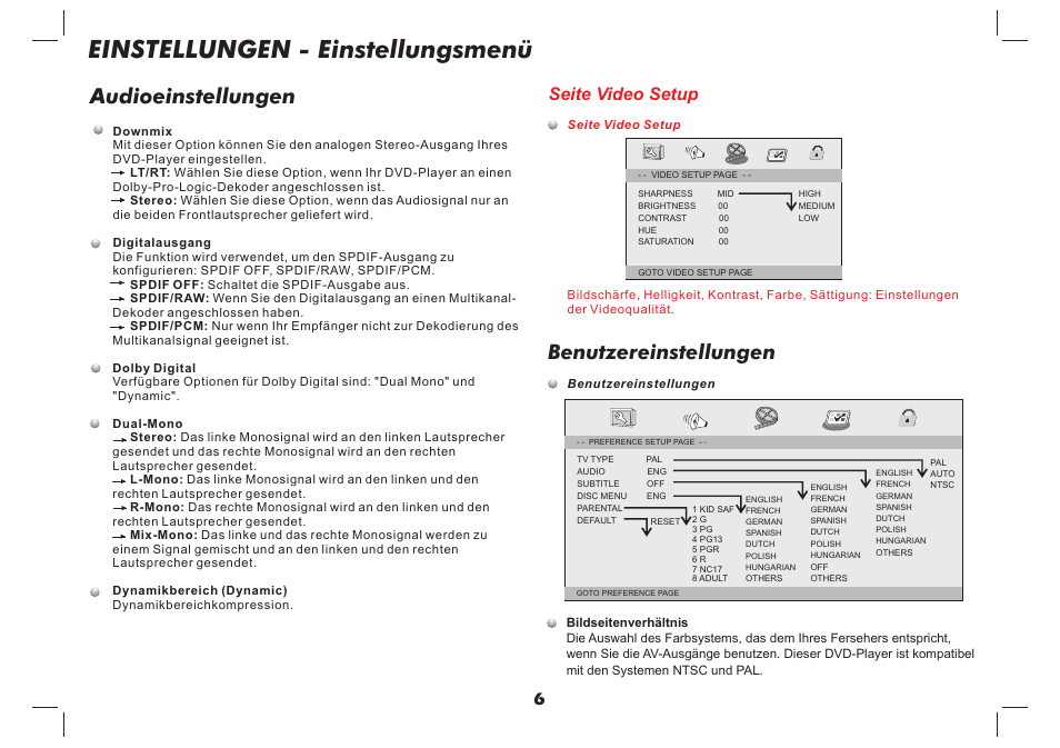 Einstellungen - einstellungsmenü, Audioeinstellungen, Benutzereinstellungen | Seite video setup | Lenco DVP-737 User Manual | Page 16 / 45