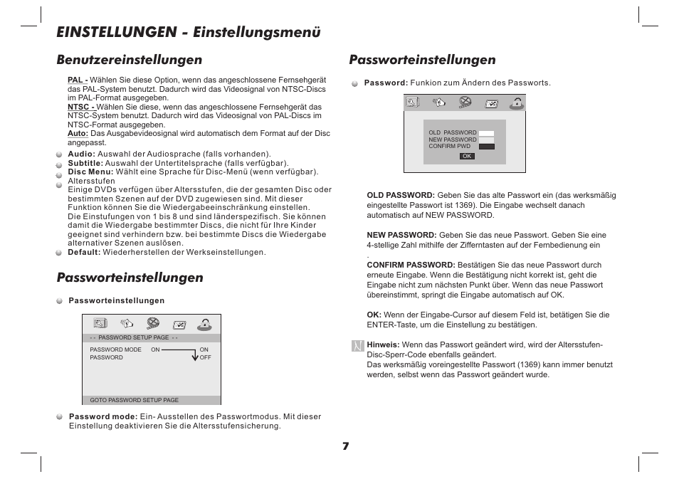 Einstellungen - einstellungsmenü, Passworteinstellungen, Benutzereinstellungen | Lenco DVP-737 User Manual | Page 17 / 45