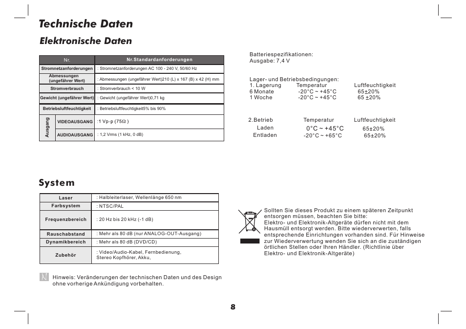 Technische daten, Elektronische daten, System | Lenco DVP-737 User Manual | Page 18 / 45