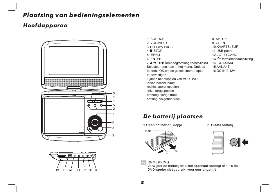 Plaatsing van bedieningselementen, Hoofdapparaa, De batterij plaatsen | Lenco DVP-737 User Manual | Page 22 / 45