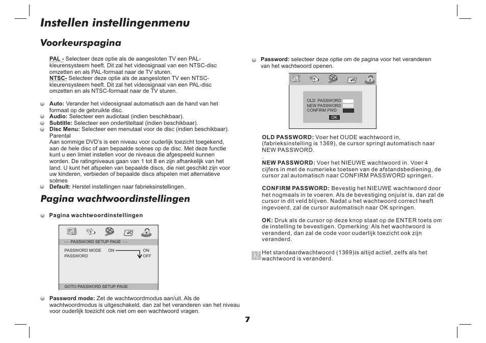 Instellen instellingenmenu, Voorkeurspagina pagina wachtwoordinstellingen | Lenco DVP-737 User Manual | Page 26 / 45