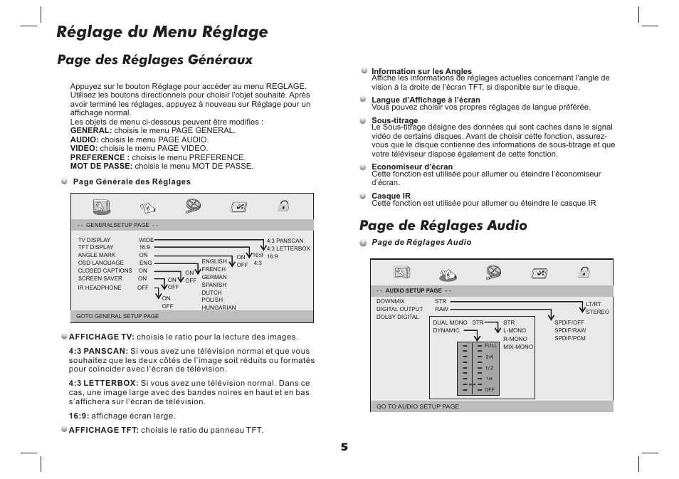 Réglage du menu réglage, Page de réglages audio, Page des réglages généraux | Lenco DVP-737 User Manual | Page 33 / 45