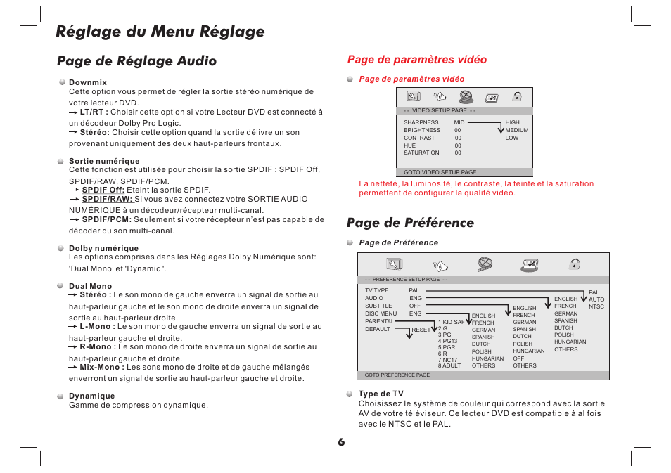 Réglage du menu réglage, Page de réglage audio, Page de préférence | Page de paramètres vidéo | Lenco DVP-737 User Manual | Page 34 / 45