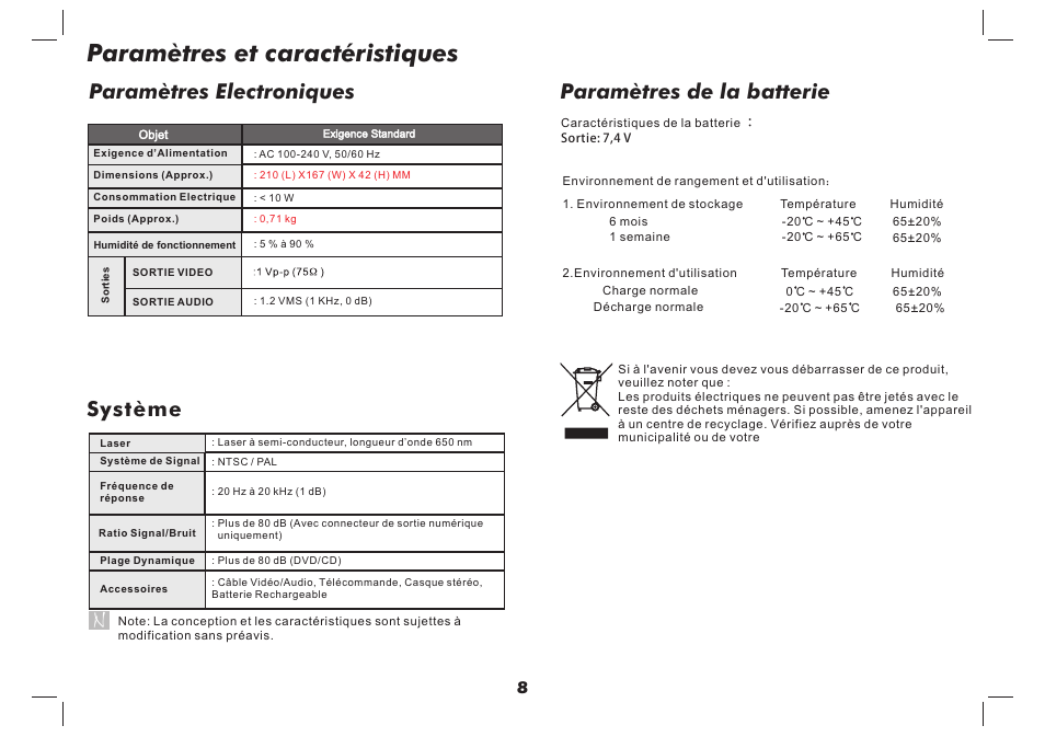 Paramètres et caractéristiques, Paramètres electroniques, Système | Paramètres de la batterie | Lenco DVP-737 User Manual | Page 36 / 45
