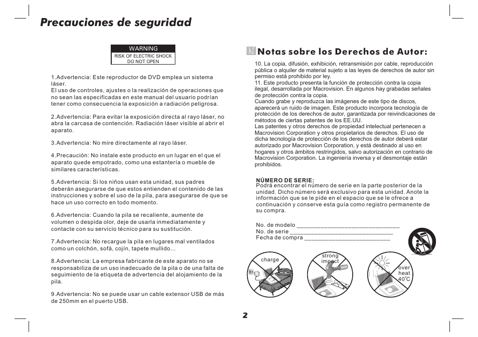 Precauciones de seguridad, Notas sobre los derechos de autor | Lenco DVP-737 User Manual | Page 39 / 45